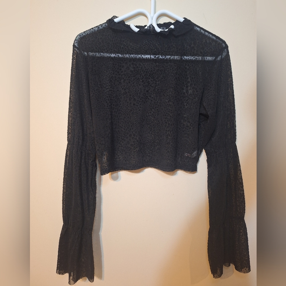 Black Sheer Ruffled Crop Top - Women's Long Sleeve